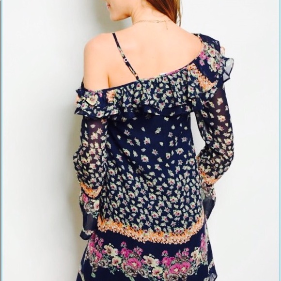 Loveriche boho off shoulder navy dress. Ruffles - Picture 1 of 7